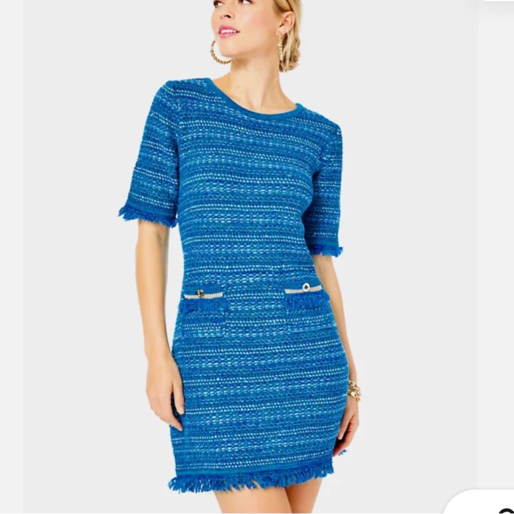 Lilly Pulitzer Beckington sweater dress in blue grotto metallic tweed